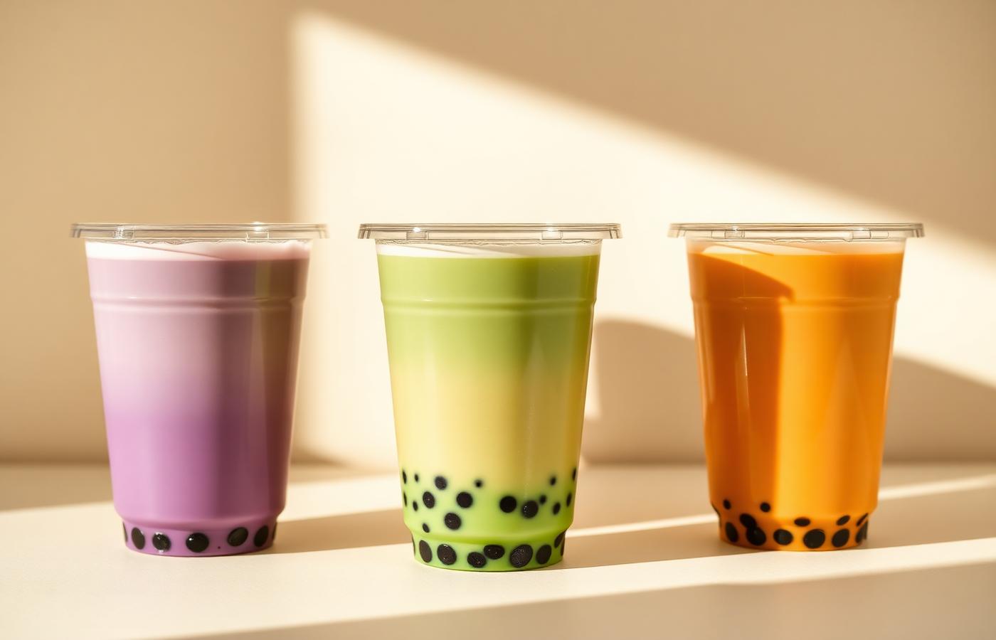 Three bubble teas — taro, matcha, and Thai