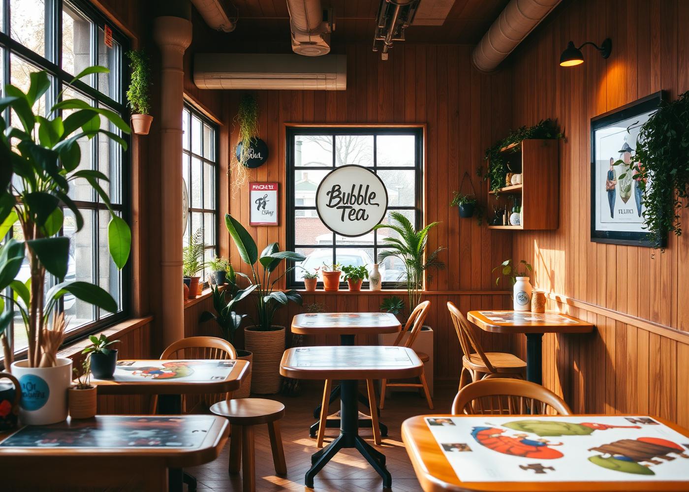 Inside Boba Tree — wood-paneled cafe with plants and jigsaw puzzles on the tables